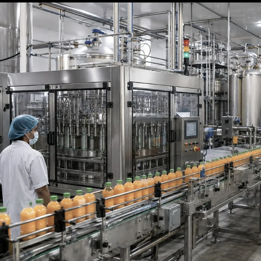 A beverage bottling line: filled bottles moving along the conveyor from the filling machine, with process tanks behind.